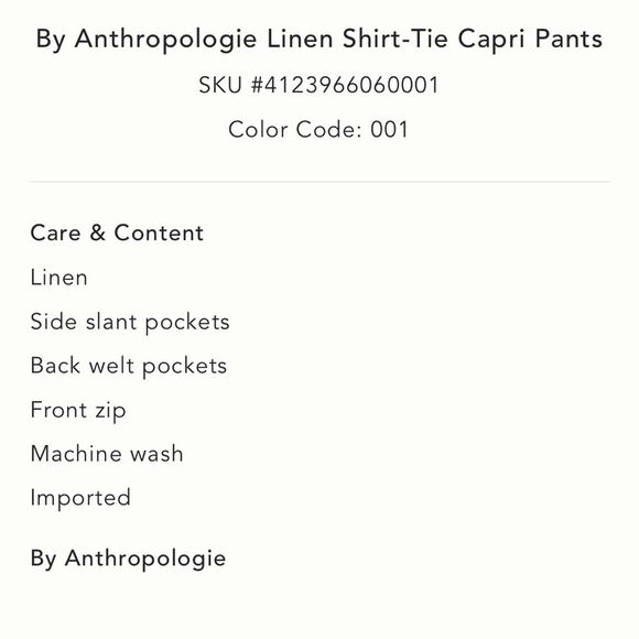 By Anthropologie Linen Shirt-Tie Capri Pants - Picture 5 of 5